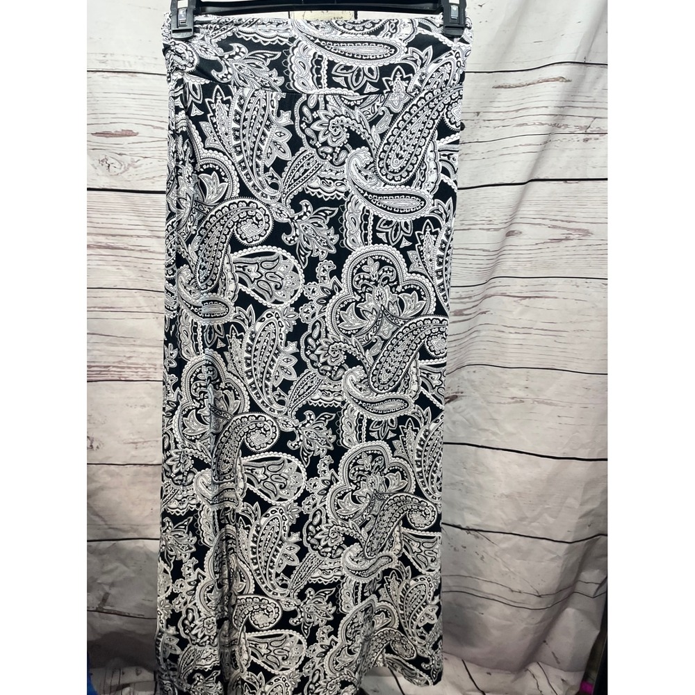 Artisan NY Womens XS Black White Paisley Print Jersey Knit Maxi Skirt Boho High